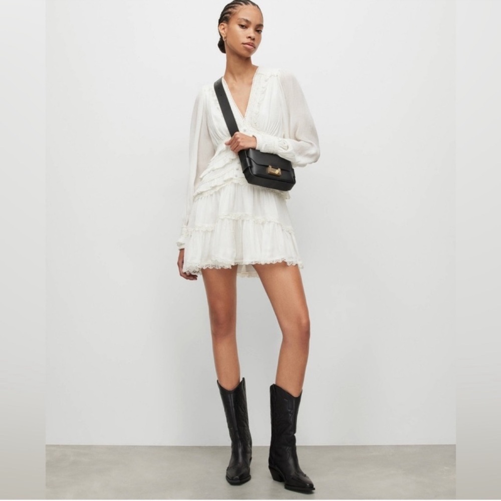 AllSaints Zora Tiered Mini Dress White Size 4 NWT